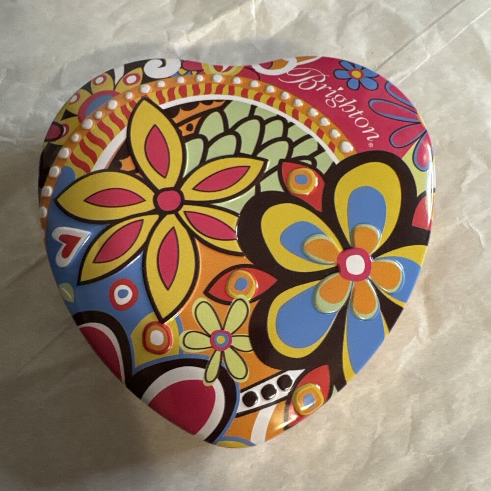 Brighton Jewelry Gift Box Metal Floral Tin Heart Empty Storage - 3.5" x 3.5" NEW